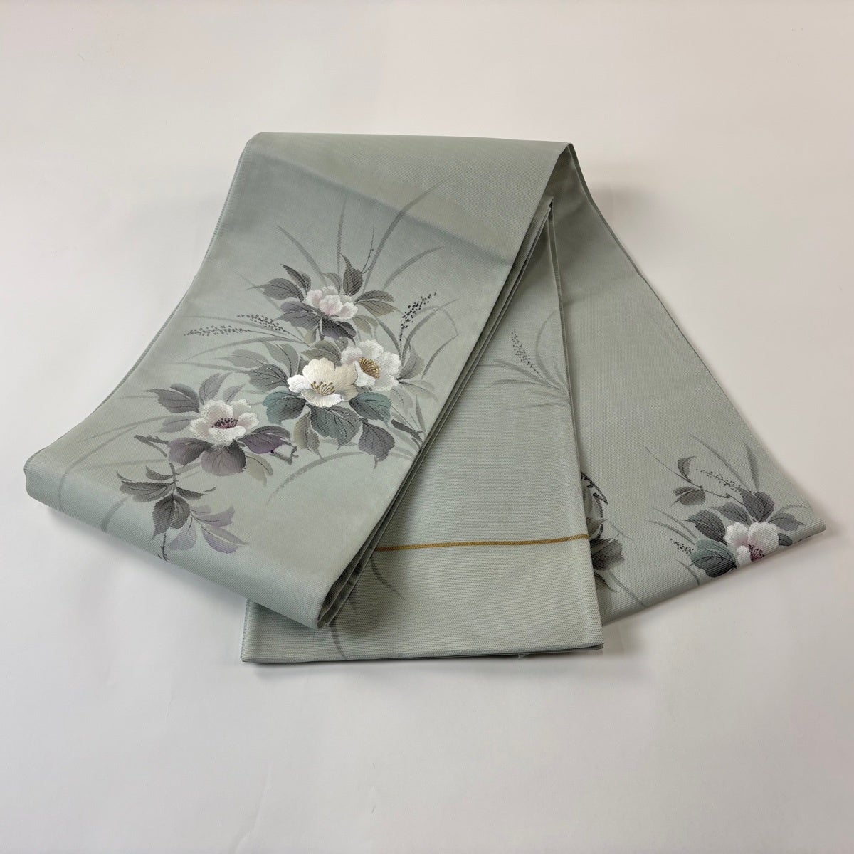 袋帯 秀品 落款あり 夏帯 草花 金糸 刺繍 灰緑 お太鼓柄 正絹｜中古
