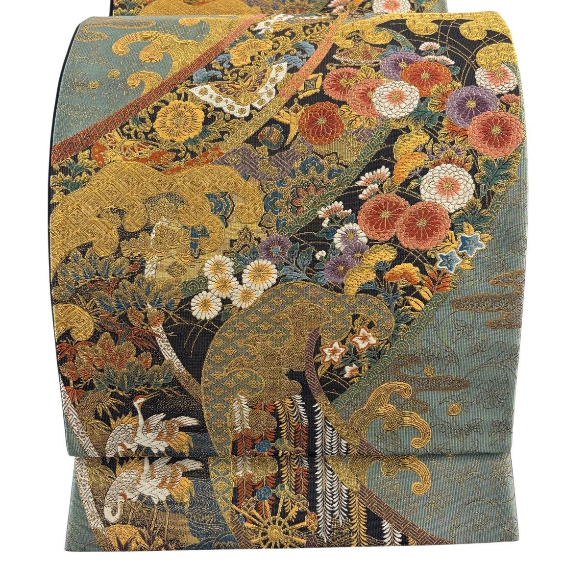 美品】 袋帯 名品 鈴乃屋 鎧威 菊 金糸 箔 ベージュ 六通 正絹｜中古