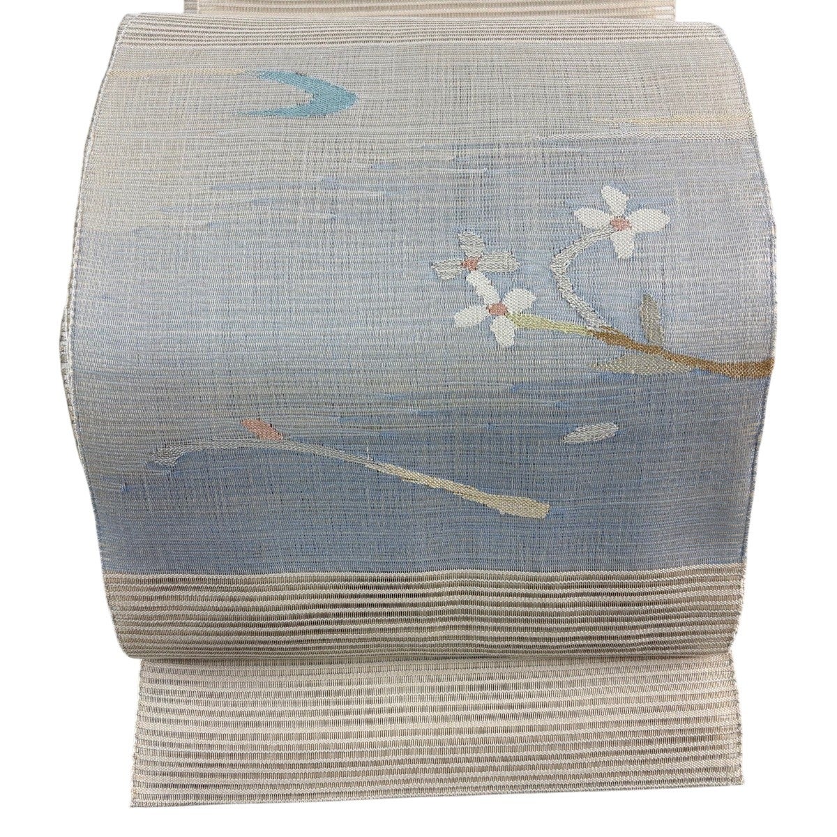 [美品] 夏帯　名古屋帯　正絹　灰色　流水　洒落帯　夏着物　小紋　紬　無地　薄物 美品】 名古屋帯 逸品 落款あり 夏帯 絽 楠目ちづ 草花 銀彩 薄茶色