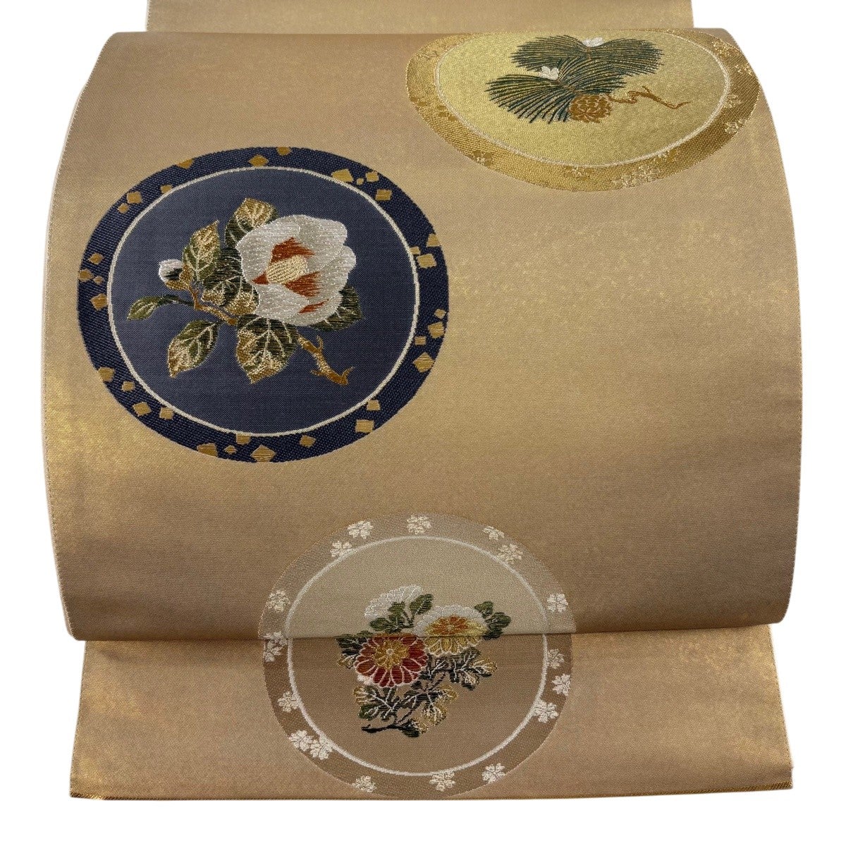 袋帯 金糸 華文 花丸文 礼装用 袋帯 名品 花丸文 金糸 箔 ベージュ 六通 正絹｜中古・古着