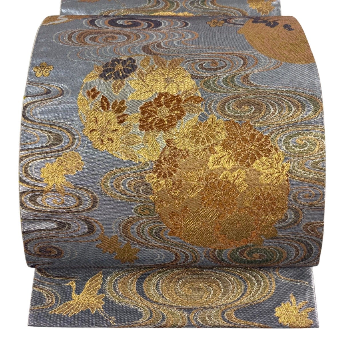 美品】 袋帯 秀品 夏帯 紗 花丸文 秋草 金糸 箔 灰茶 六通 正絹｜中古
