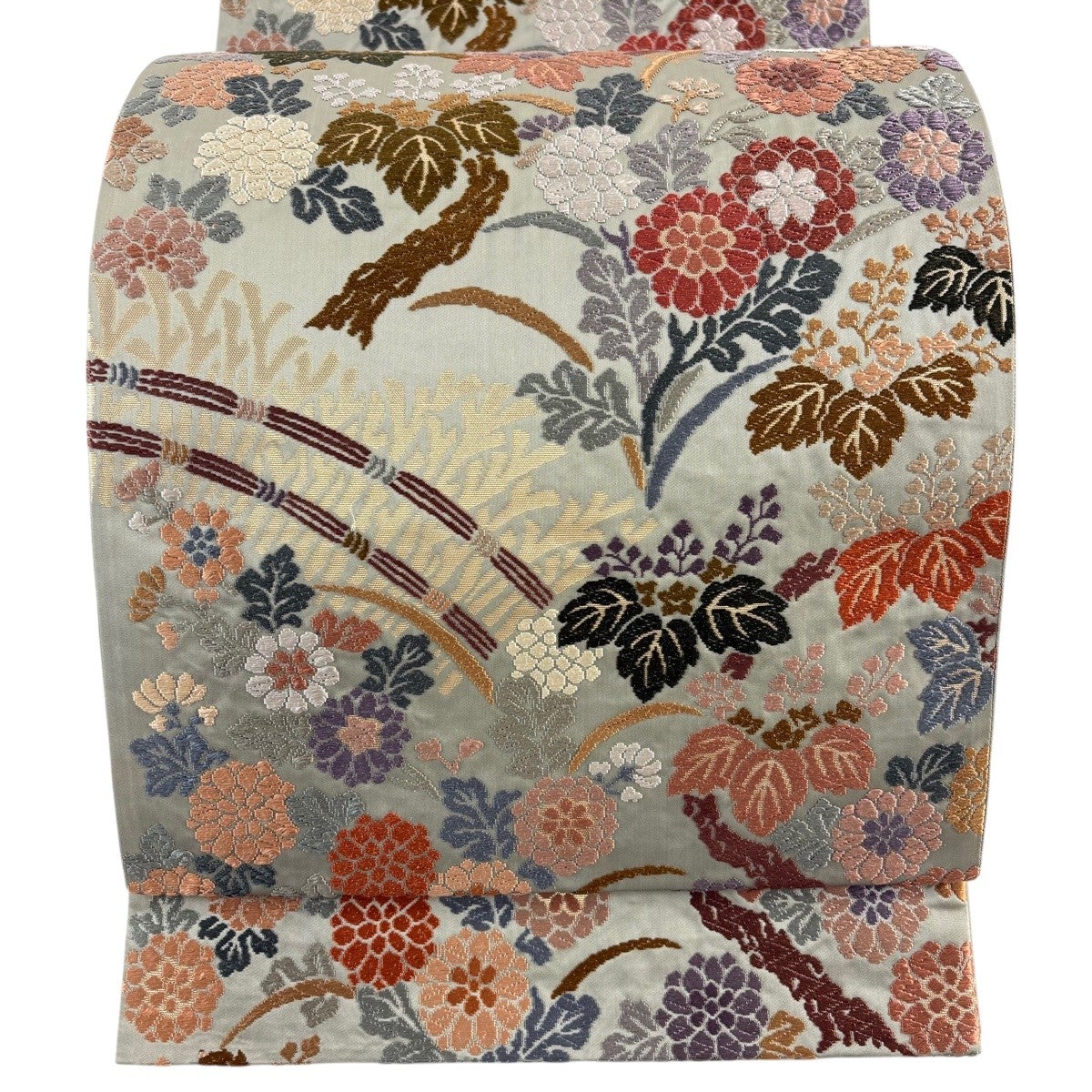 美品】 袋帯 秀品 華文 花唐草 唐織 箔 銀色 六通 正絹｜中古・古着