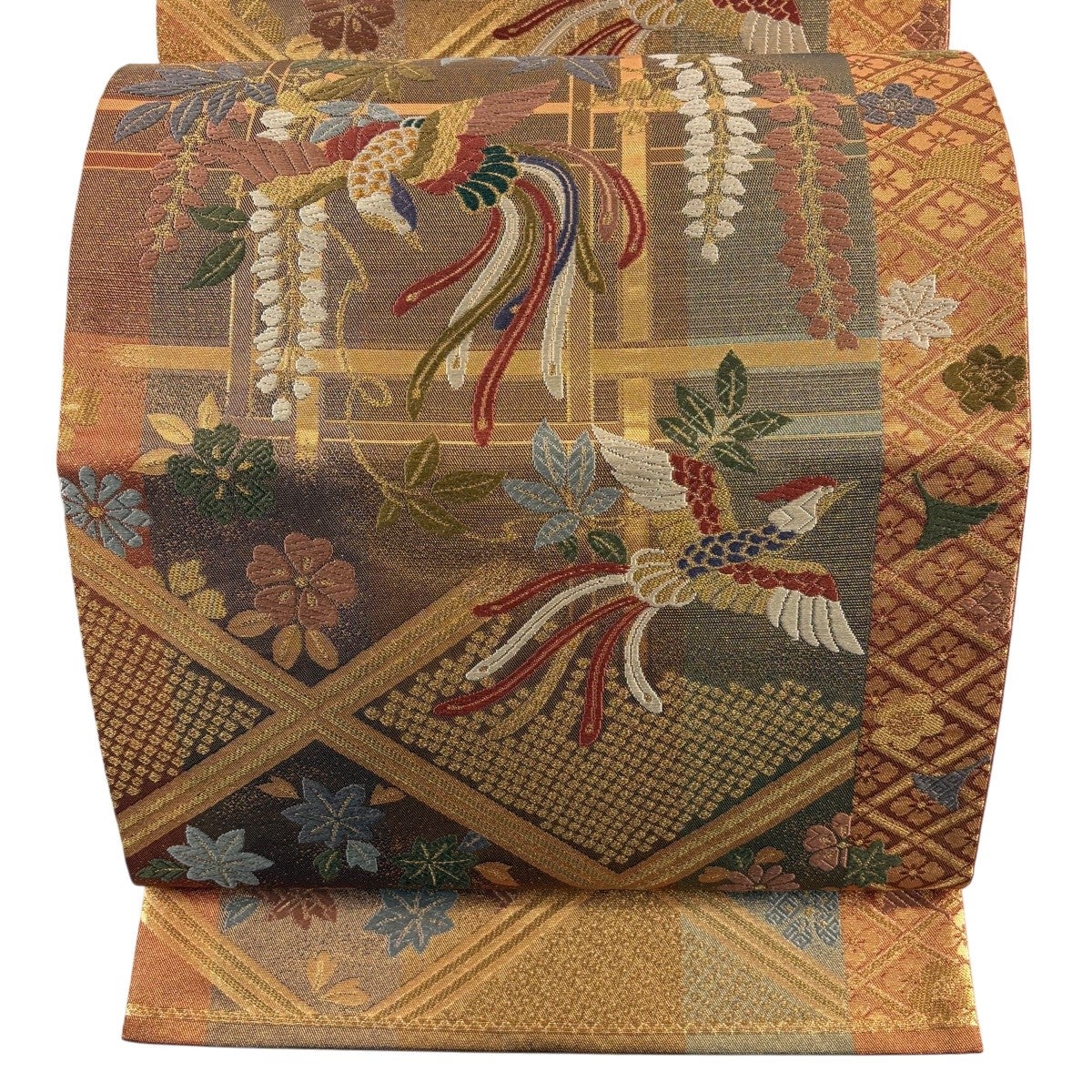 30%OFF 袋帯 秀品 関西仕立て 鳥 草花 金糸 箔 赤茶 六通 正絹 K30