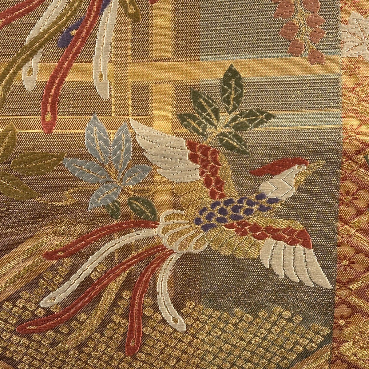 袋帯 秀品 関西仕立て 鳥 草花 金糸 箔 赤茶 六通 正絹｜中古・古着