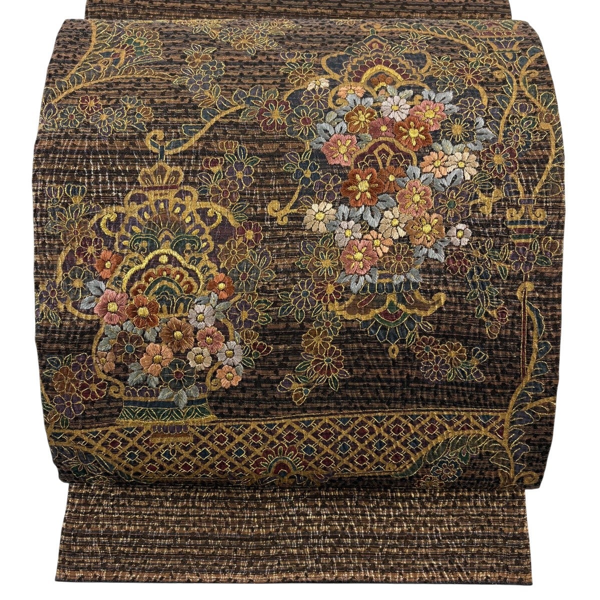 美品】 袋帯 秀品 草花 幾何学模様 金糸 焦茶色 六通 正絹｜中古・古着