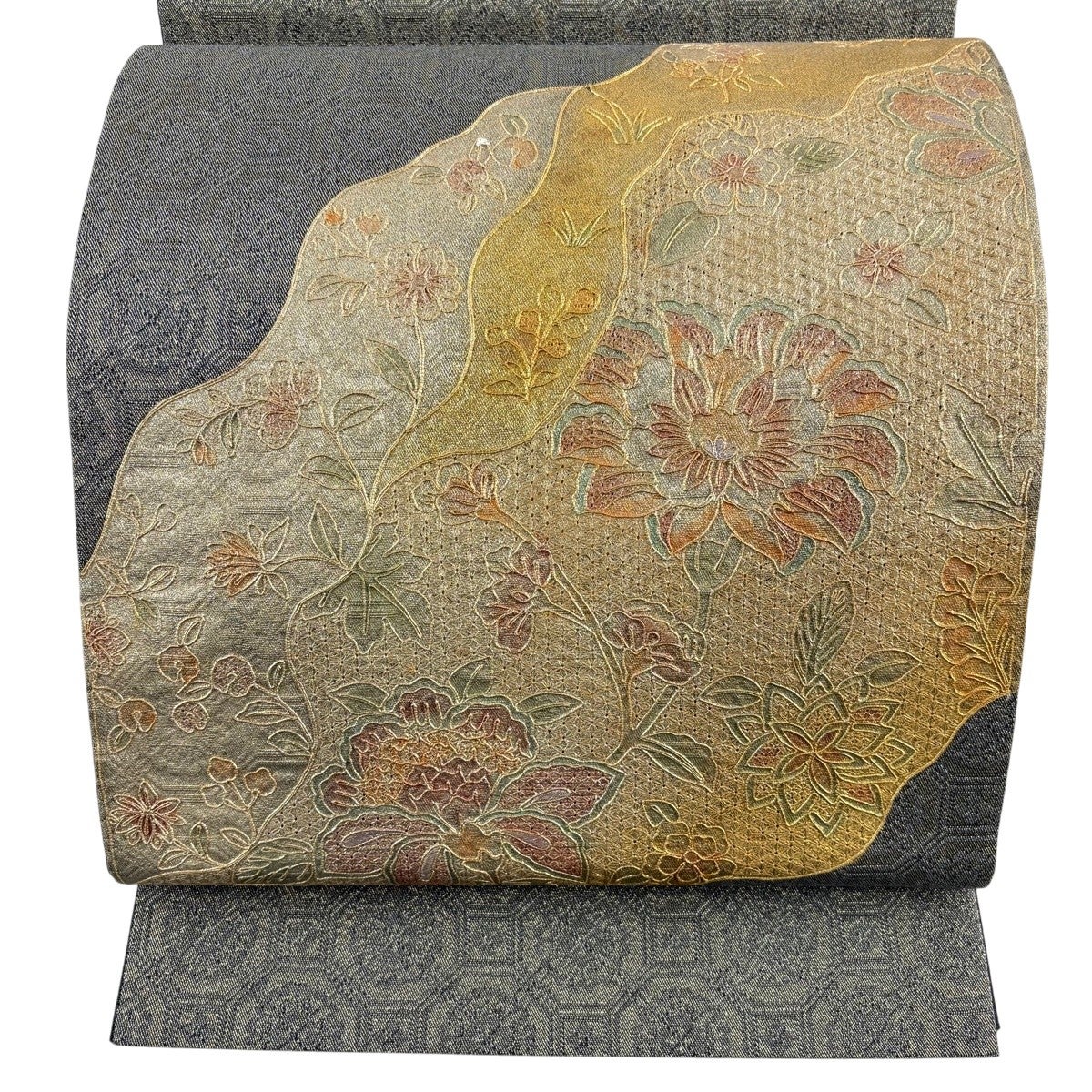 美品】 袋帯 秀品 草花 金糸 金彩 灰緑 お太鼓柄 正絹｜中古・古着