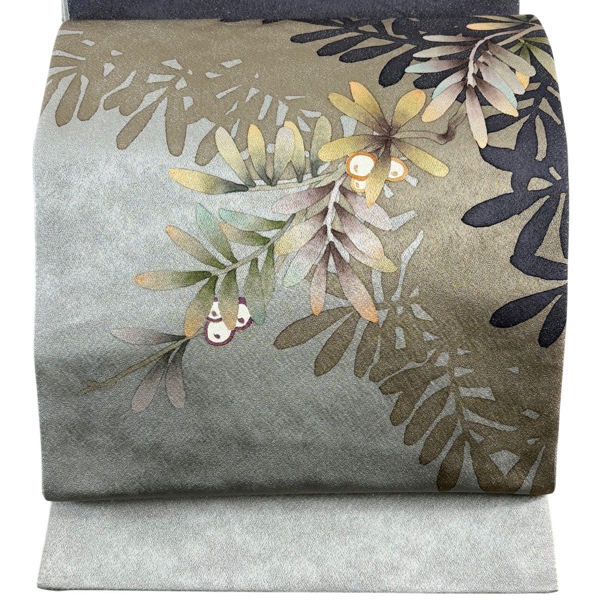 美品】 袋帯 秀品 草花 金糸 金彩 灰緑 お太鼓柄 正絹｜中古・古着