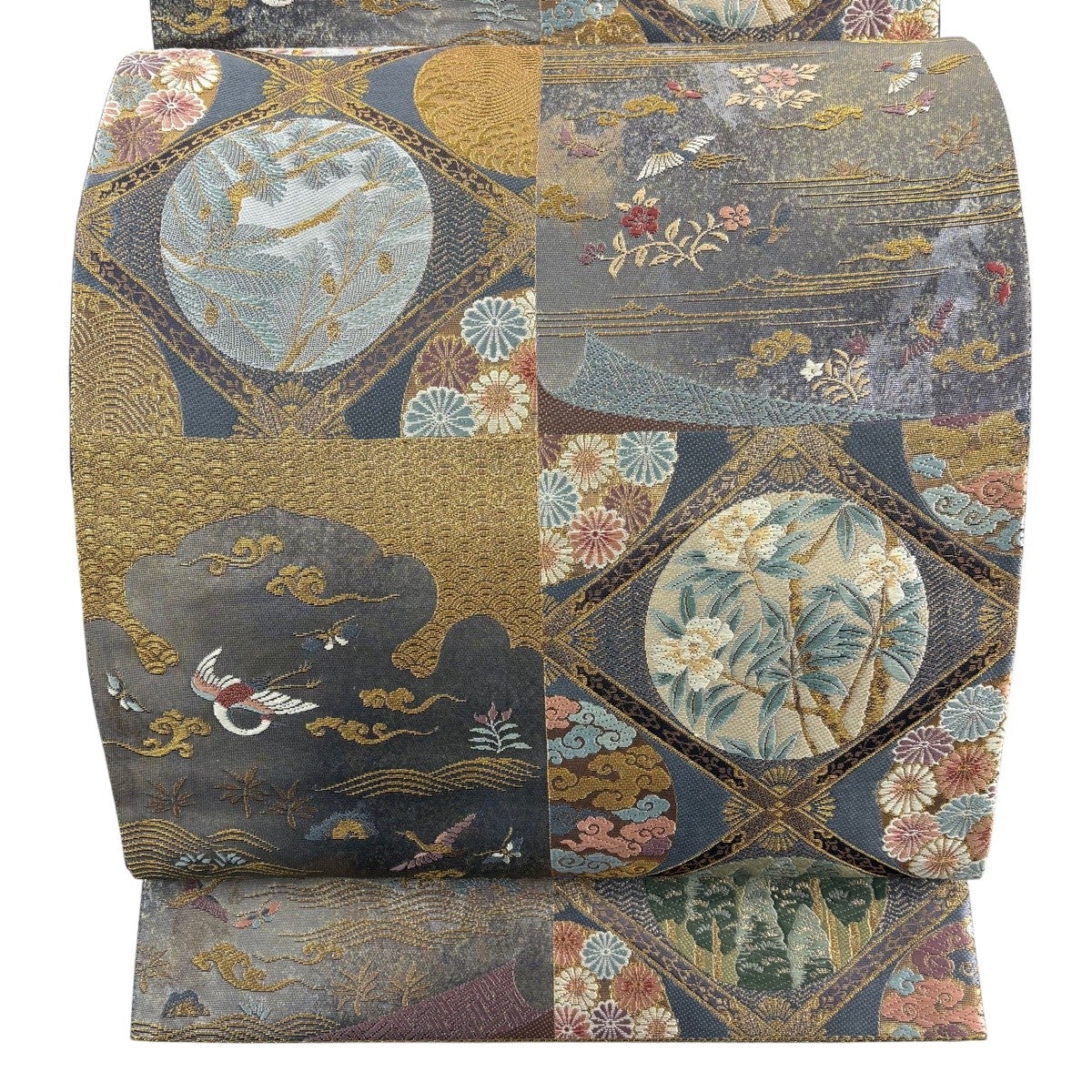 美品】 袋帯 秀品 関西仕立て 草花 鳥 金糸 箔 灰色 六通 正絹｜中古