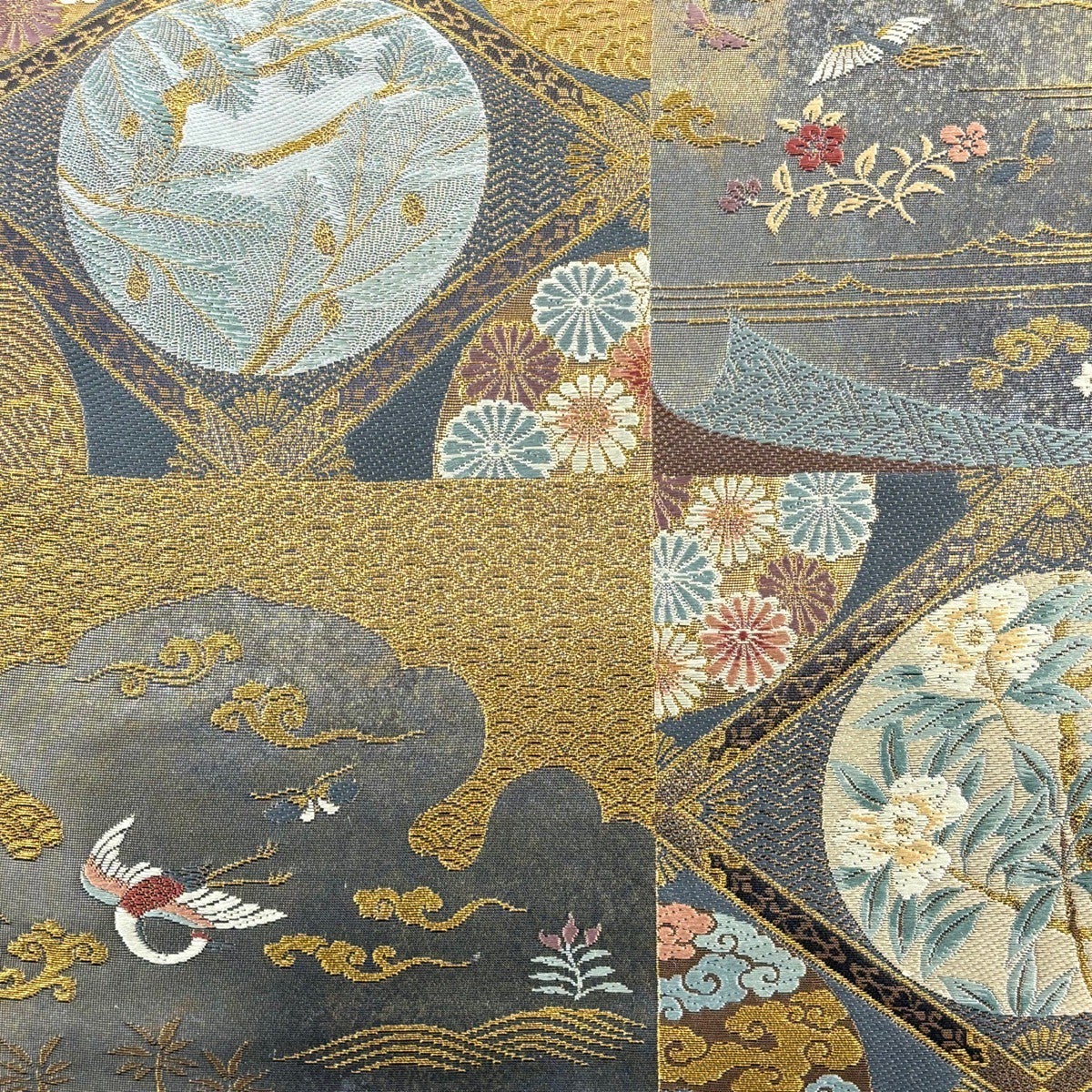 美品】 袋帯 秀品 関西仕立て 草花 鳥 金糸 箔 灰色 六通 正絹｜中古