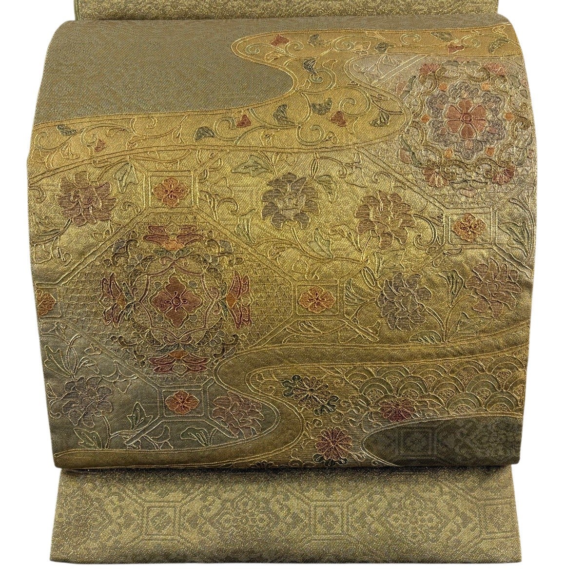 美品】 袋帯 名品 落款あり 向かい鳥 華文 箔 金糸 黒 お太鼓柄 正絹