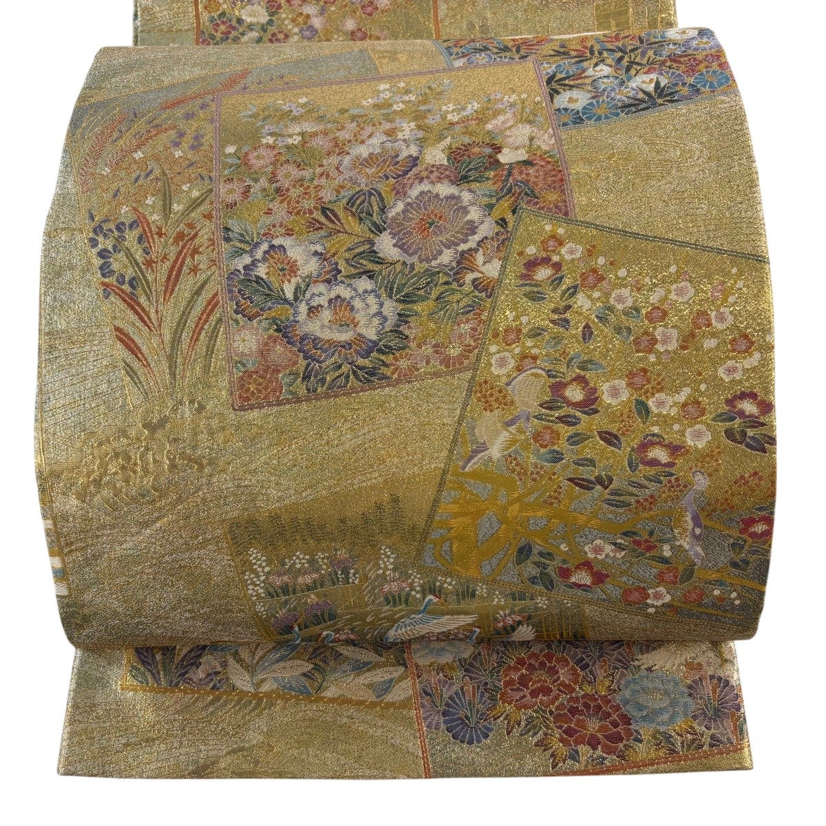 袋帯 名品 色紙 花鳥 唐織 金糸 金色 お太鼓柄 正絹｜中古・古着