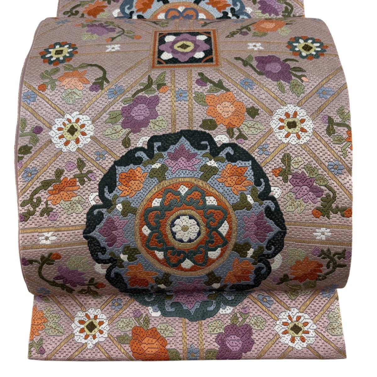袋帯 逸品 華文 花鳥 絽刺し 金糸 小豆色 全通 正絹｜中古・古着