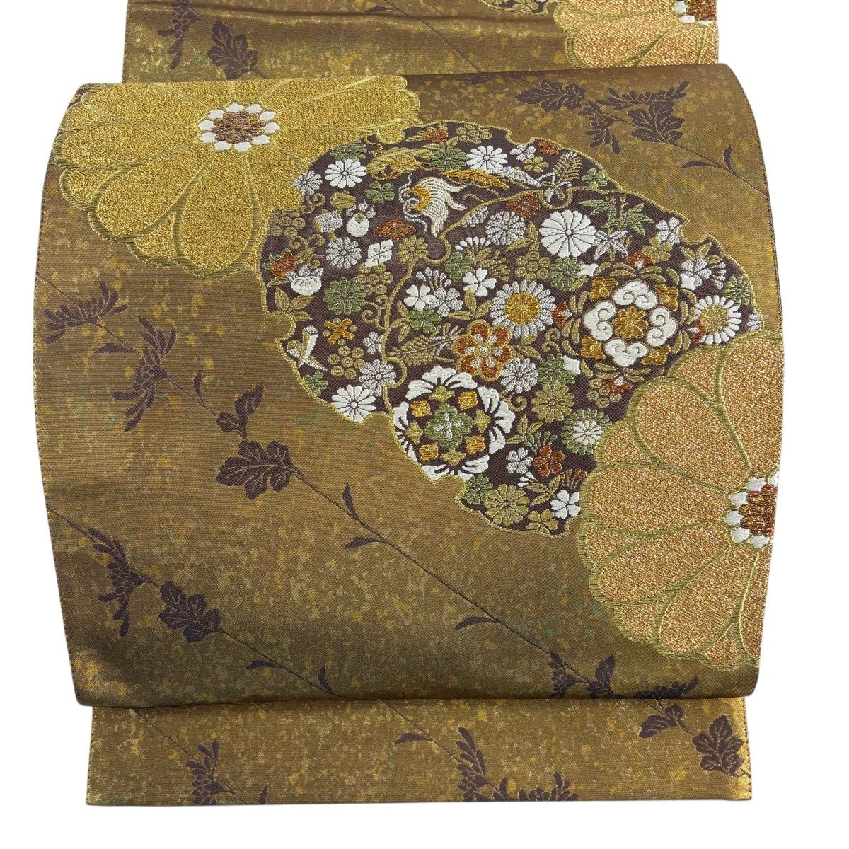 ★唐織　宝尽くし　六通　袋帯 美品 袋帯 秀品 草花 宝尽くし 箔 唐織 鶯色 六通 正絹｜中古・