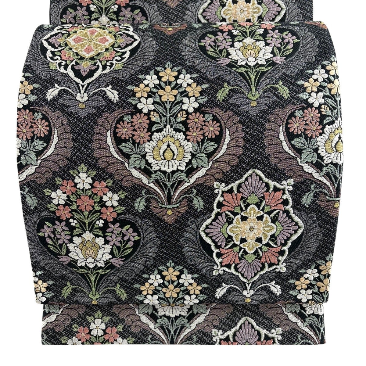 美品】 袋帯 秀品 草花 華文 唐織 金銀糸 黒灰 六通 正絹｜中古・古着