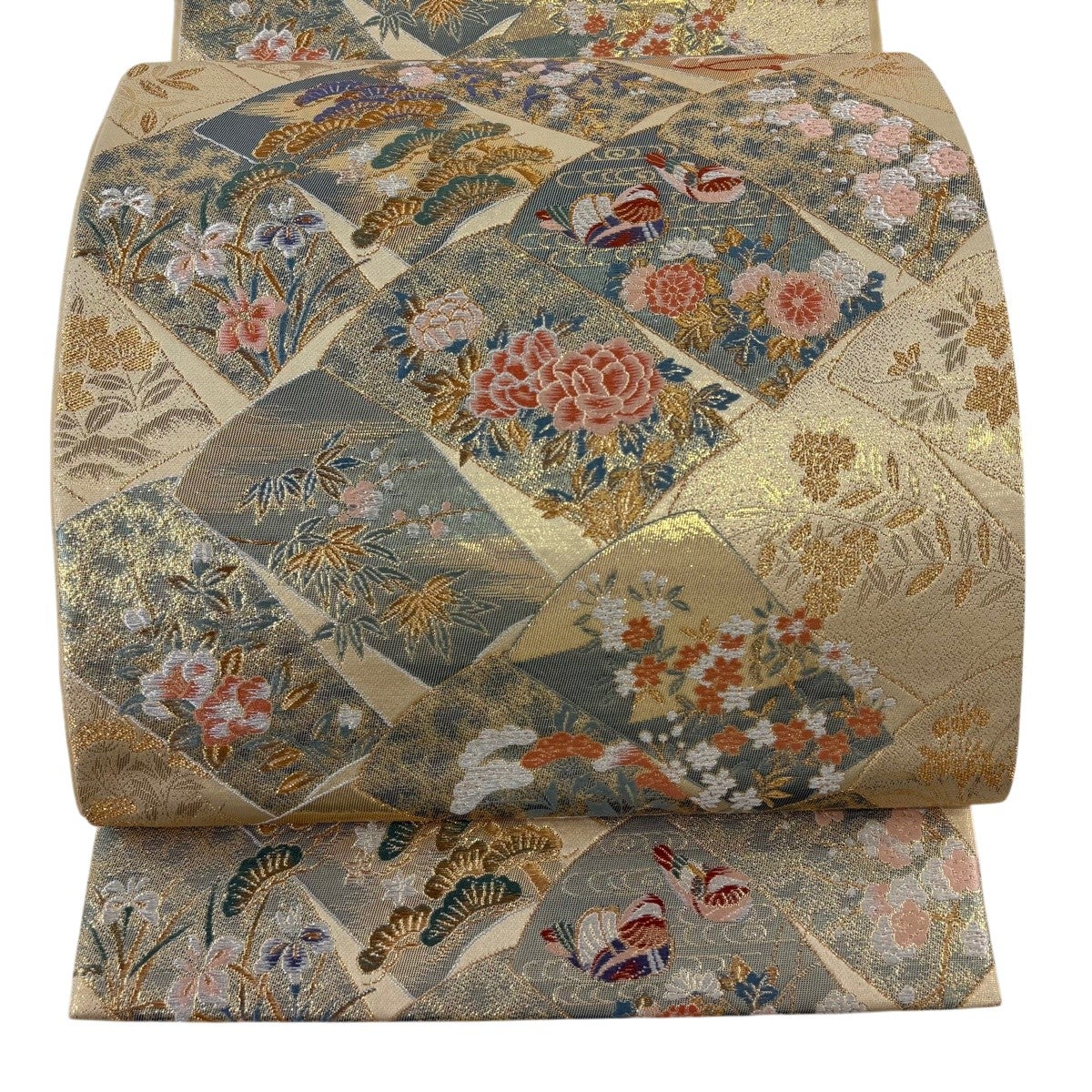 50%OFF 袋帯 秀品 草花 蝶 金糸 箔 金色 六通 正絹 K50｜中古・古着