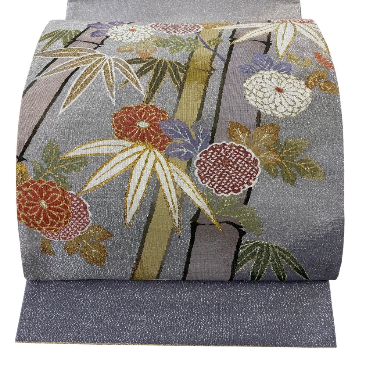 美品 袋帯 秀品 菊 竹 金銀糸 灰紫 お太鼓柄 正絹｜中古・