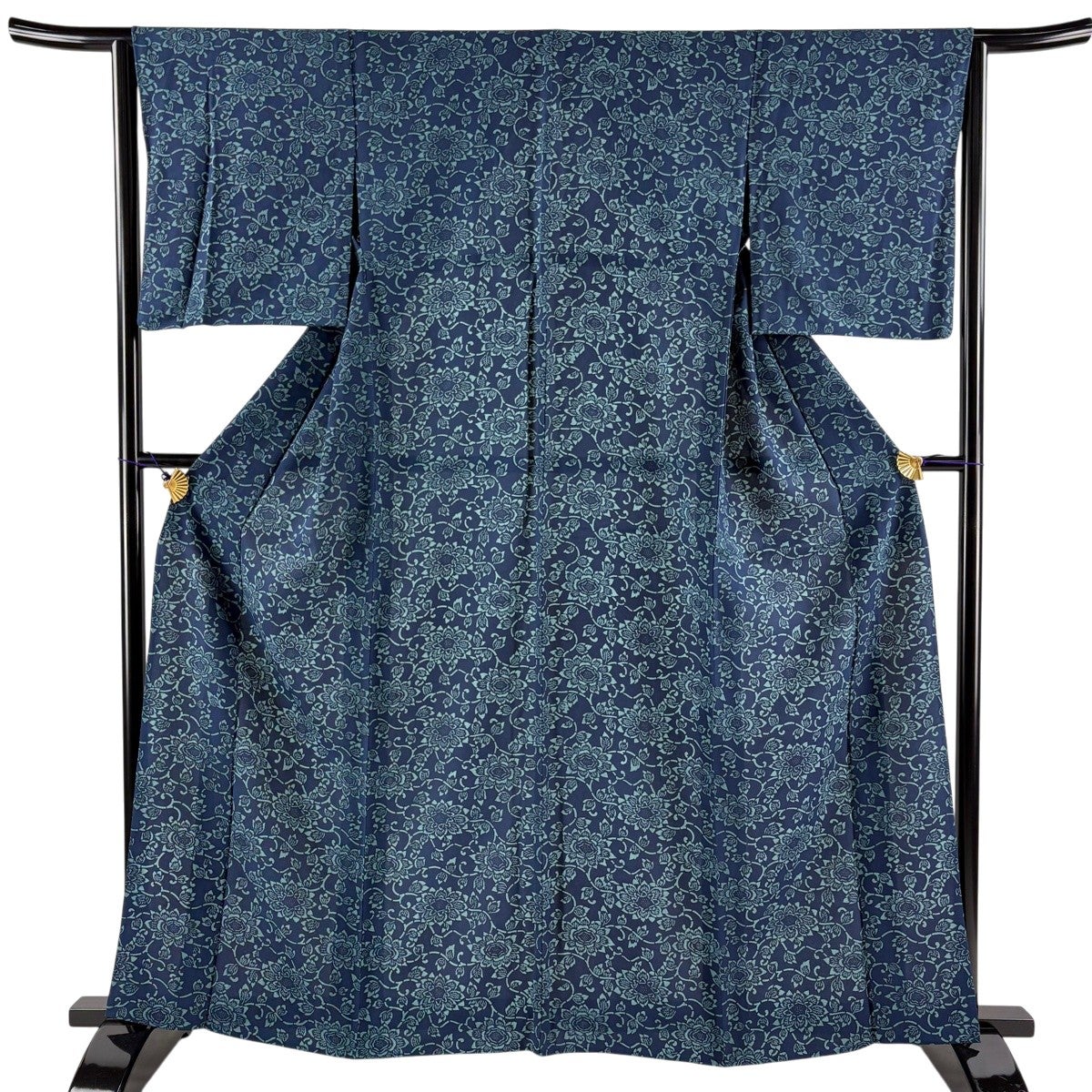 小紋 身丈162.5cm 裄丈64cm M 単衣 花唐草 藍色 正絹 優品｜中古・古着