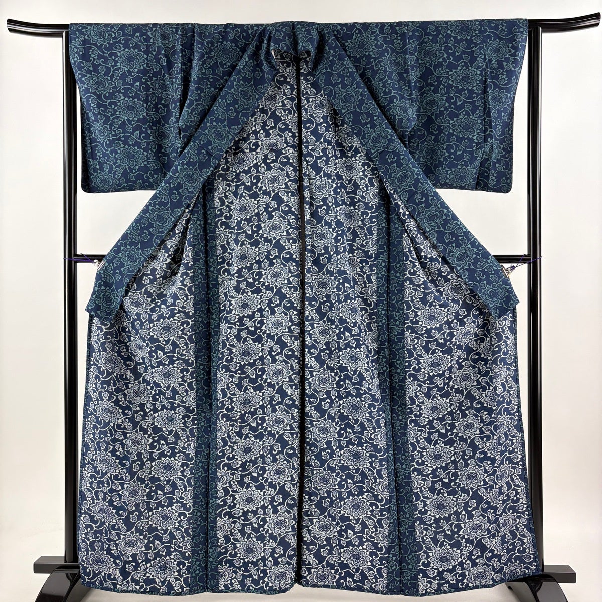 小紋 身丈162.5cm 裄丈64cm M 単衣 花唐草 藍色 正絹 優品｜中古・古着