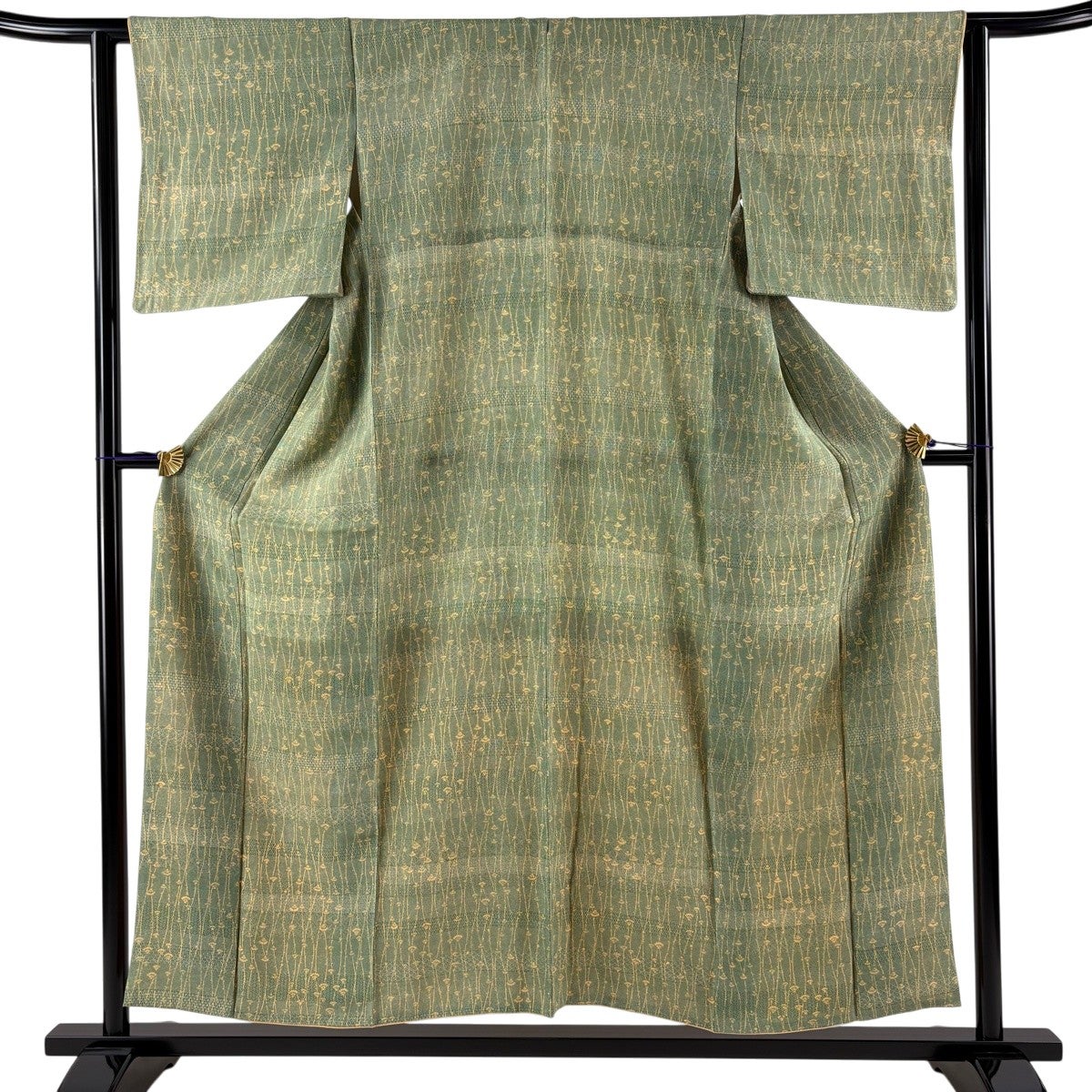 小紋 身丈153cm 裄丈65cm 正絹 美品 名品 【中古】 小紋 身丈153cm 裄丈65.5cm M 袷 幾何学模様 山吹茶色 正絹 秀品｜中古