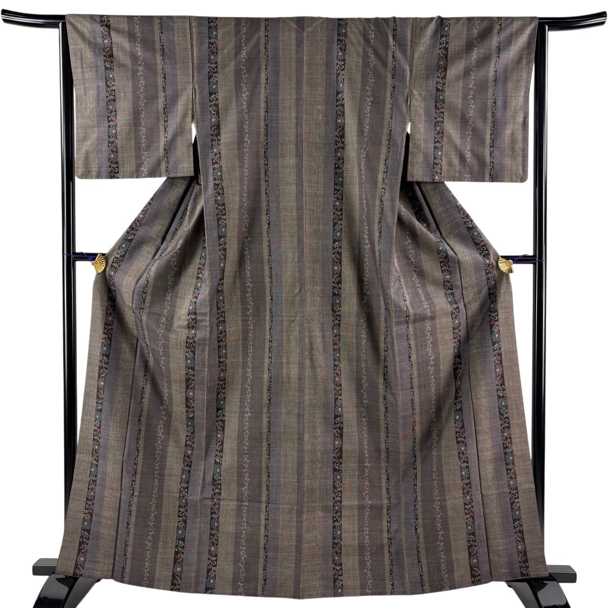 美品】 紬 身丈158cm 裄丈64cm M 単衣 草花 縞 灰紫 正絹 秀品｜中古