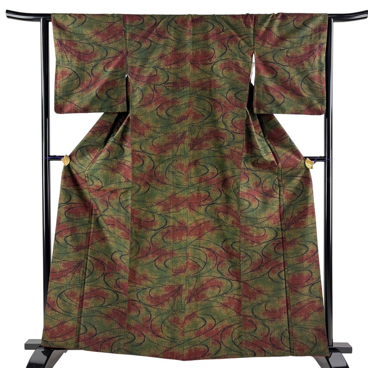 紬 身丈168cm 裄丈69cm L 袷 幾何学模様 鶯色 正絹 名品｜中古・古着