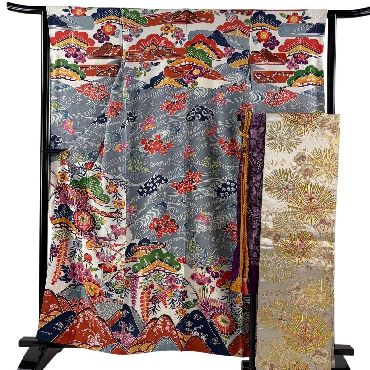 美品】 振袖 身丈169cm 裄丈67cm M 袷 袋帯フルセット 鈴 桜 金彩