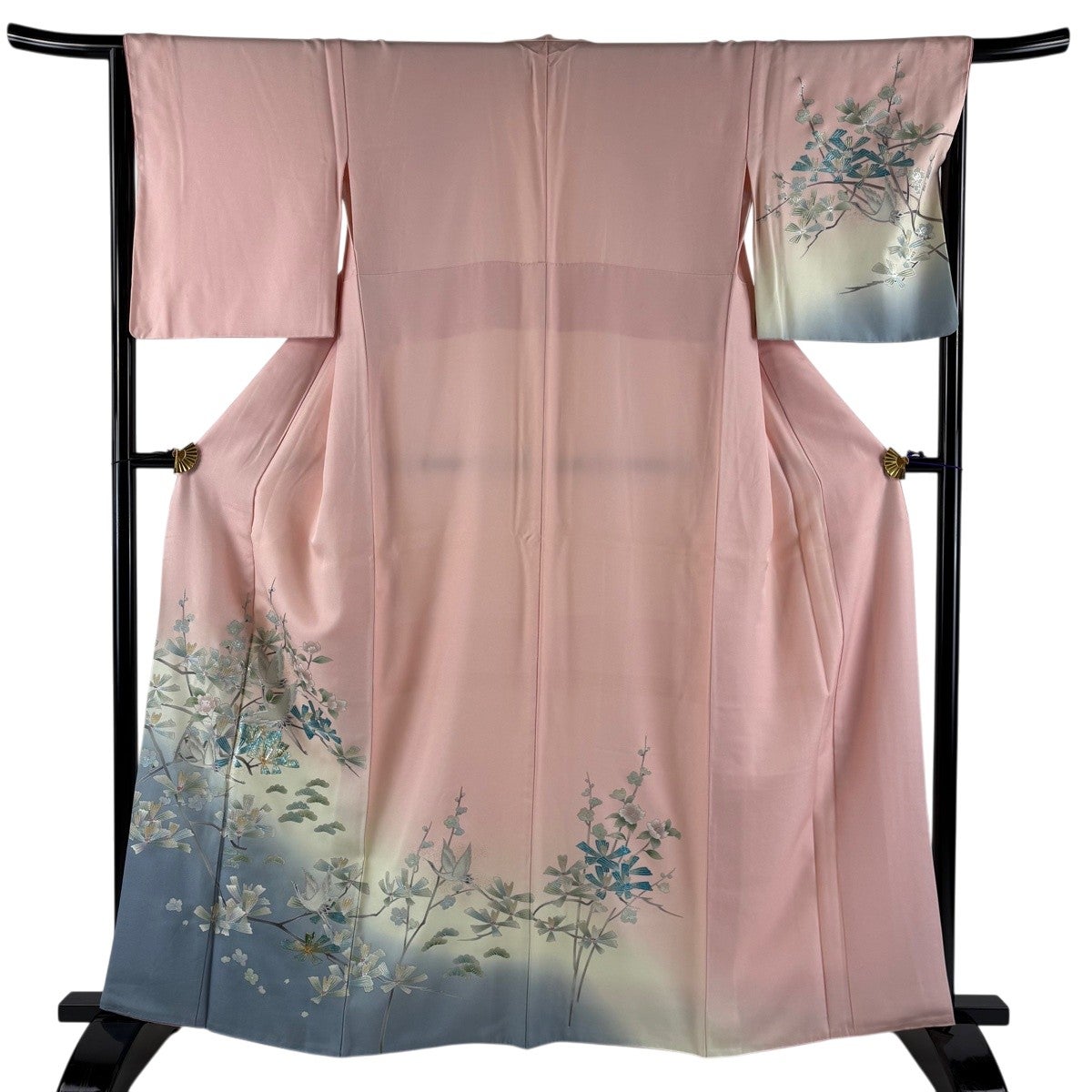 付下げ 身丈167.5cm 裄丈69.5cm L 袷 鶴 波 金銀彩 黒灰 正絹 秀品