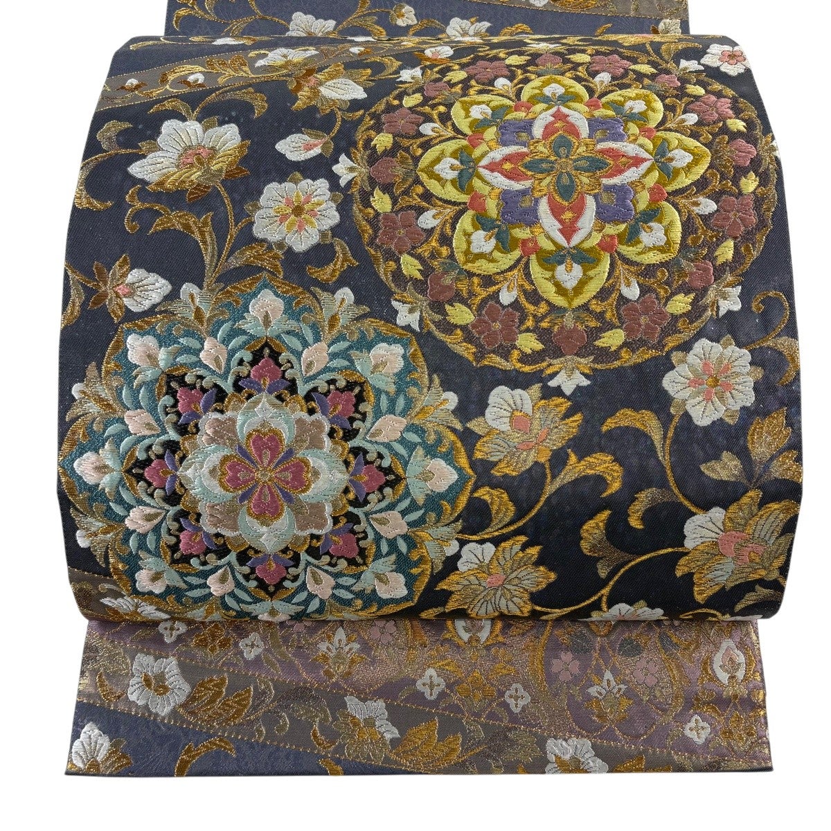 美品】 袋帯 秀品 宝華金映文 華文 花唐草 唐織 金糸 紫 六通 正絹