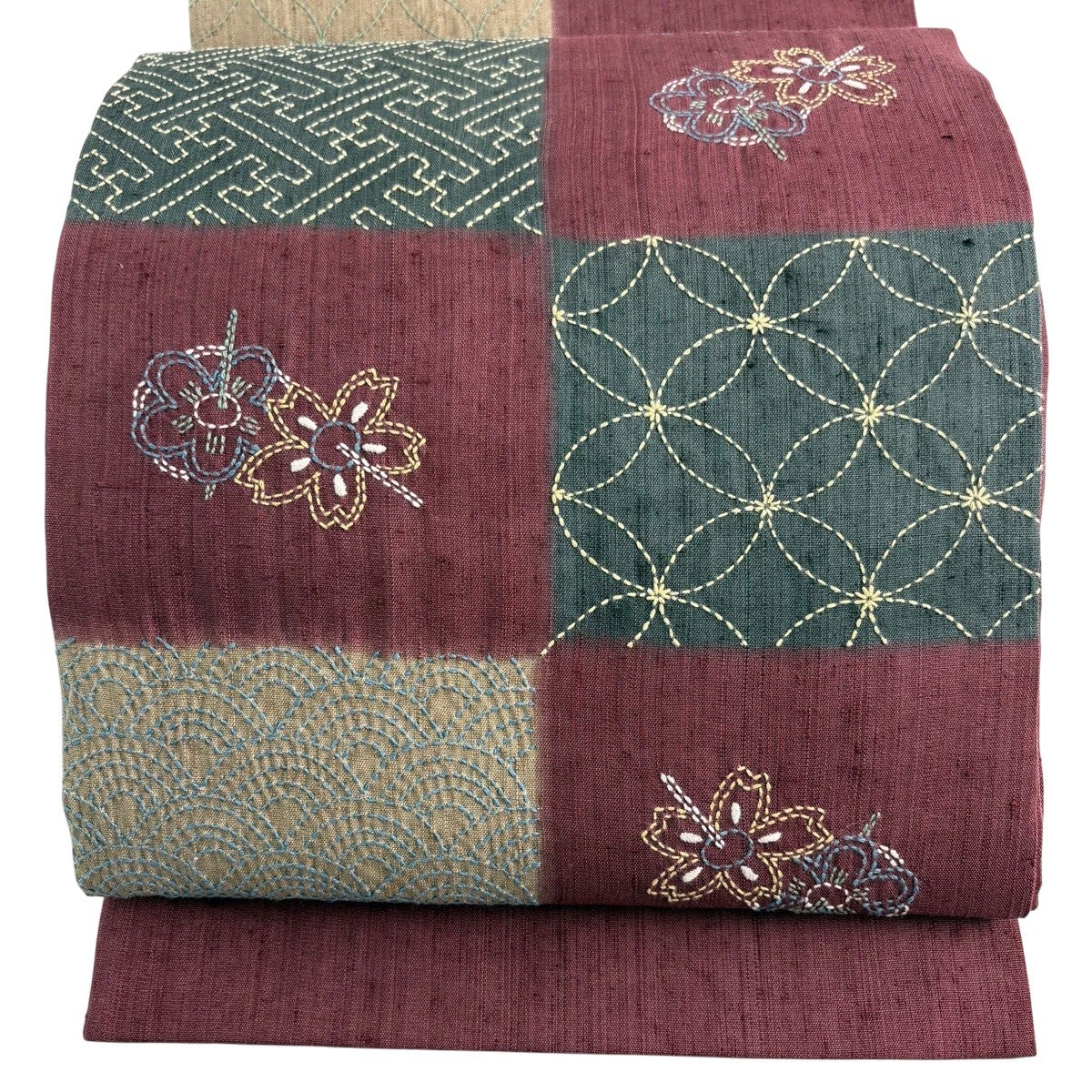 50%OFF 【美品】 袋帯 名品 紬地 桜 有職文様 刺繍 赤紫 お太鼓柄 正絹