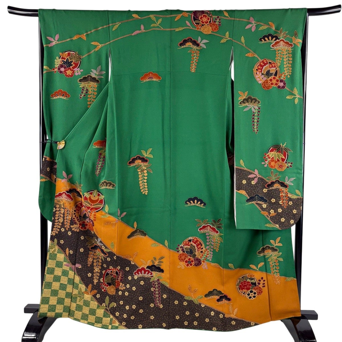 振袖 身丈163cm 裄丈66.5cm M 袷 鎌倉紋 蝶 金彩 緑 正絹 秀品｜中古