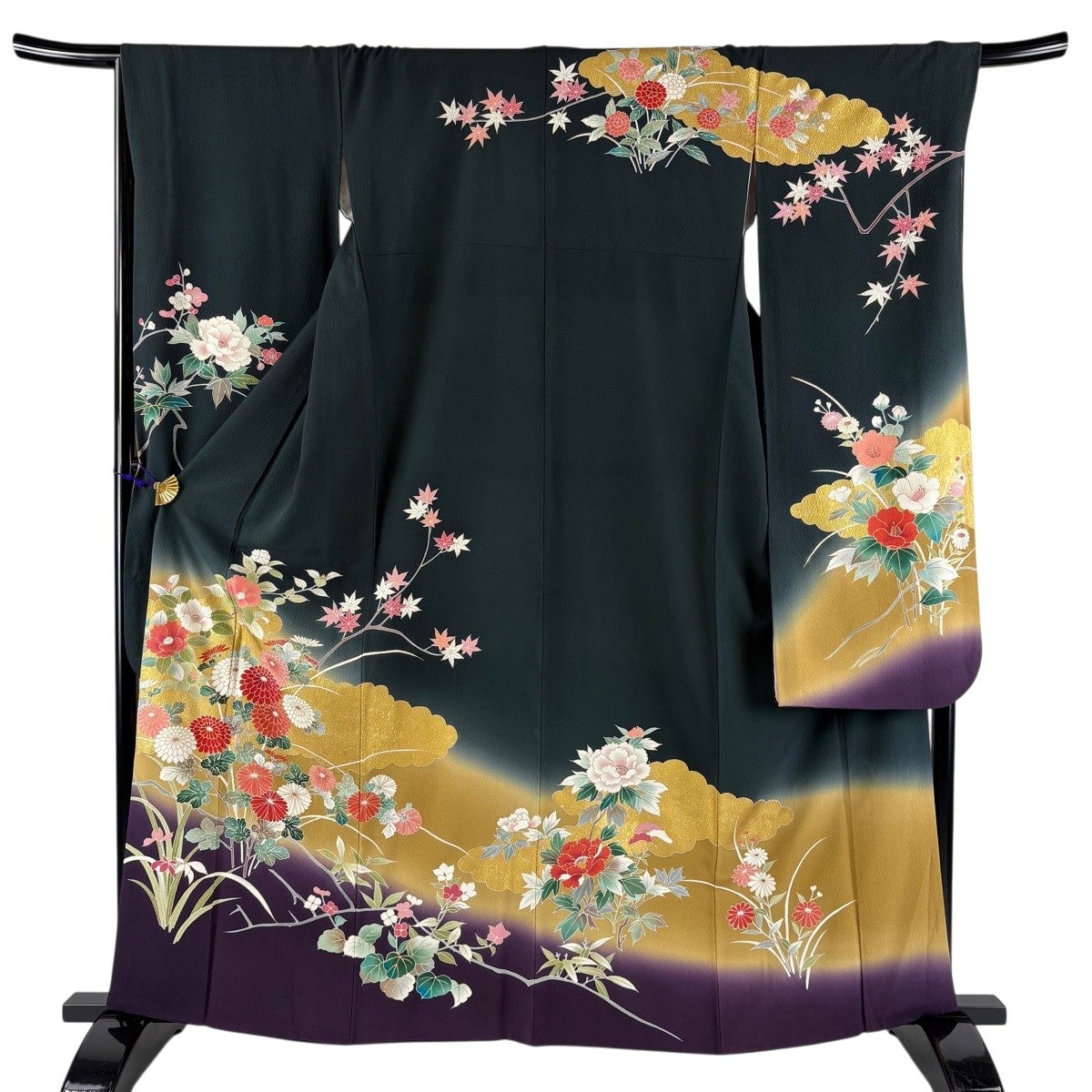 振袖 身丈160.5cm 裄丈68.5cm L 袷 菊 雲文 金彩 染め分け 深緑 正絹
