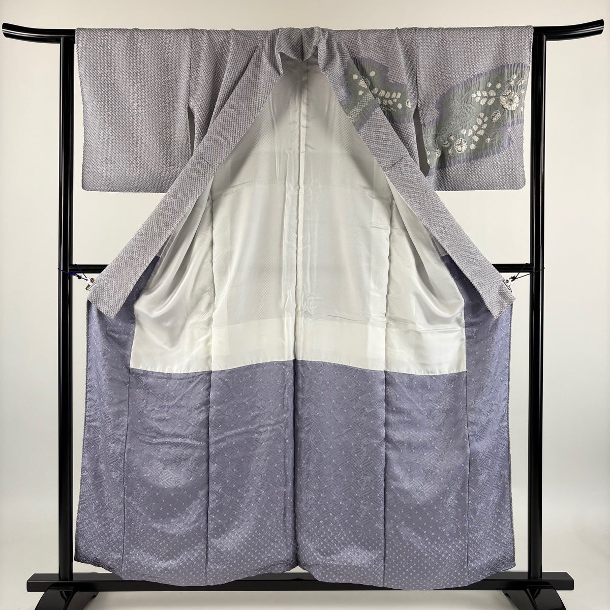 訪問着 身丈156cm 裄丈63cm S 袷 草花 青海波 絞り 灰紫 正絹 秀品
