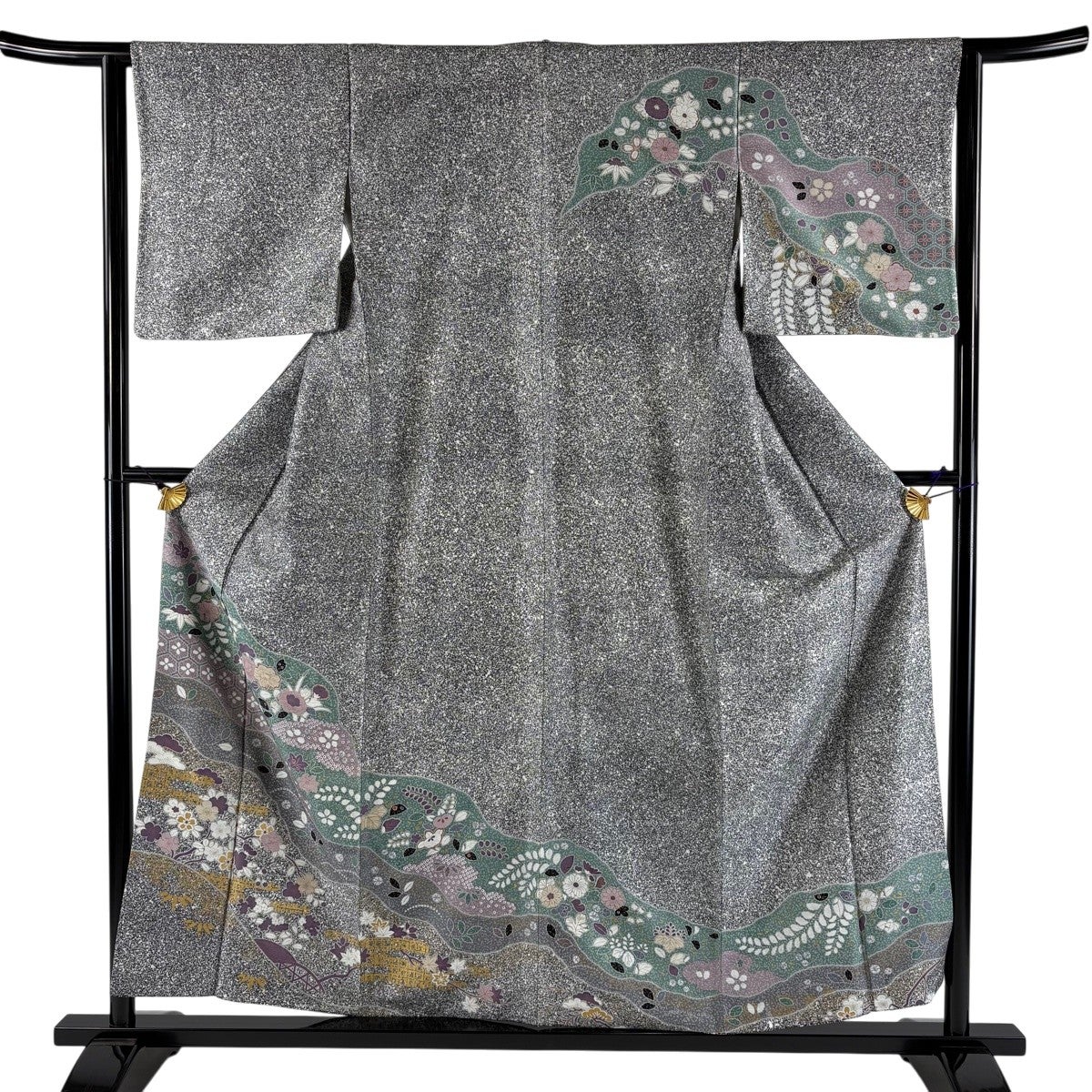 美品】 訪問着 身丈154cm 裄丈62cm S 袷 紬地 菱 幾何学 黒灰 正絹 秀