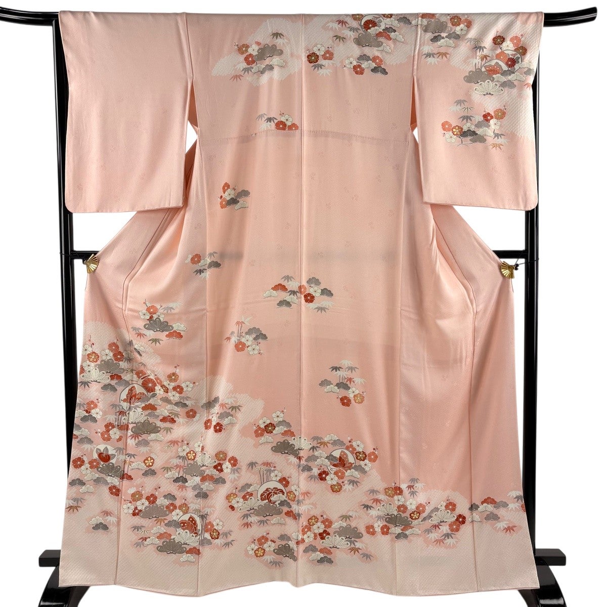 美品】 訪問着 身丈165.5cm 裄丈65.5cm M 袷 松竹梅 金糸 金彩 黒灰