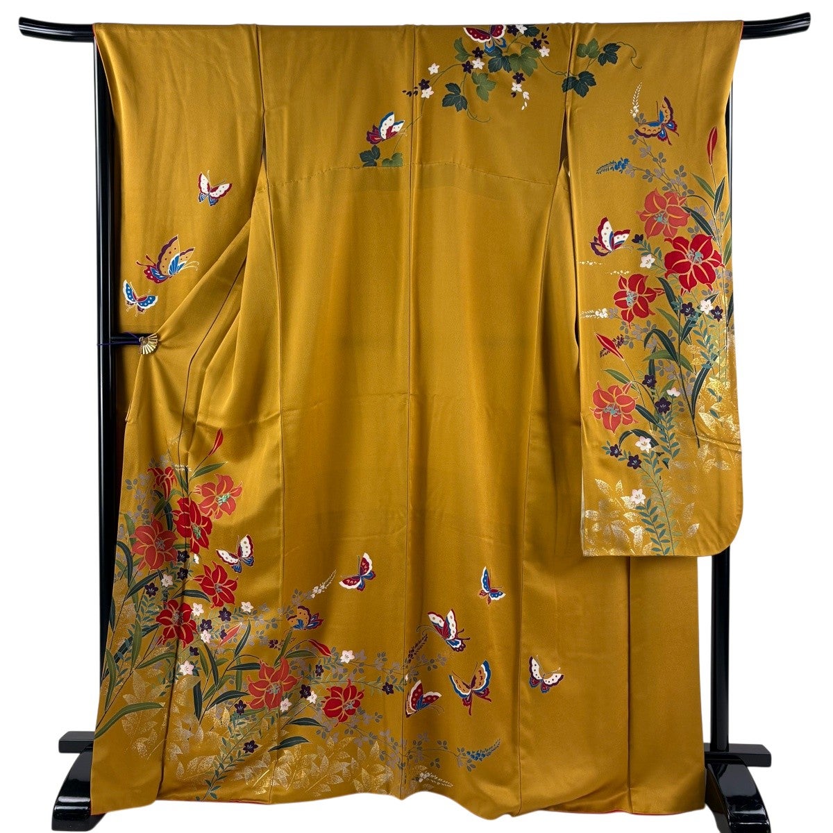 振袖 美品 名品 身丈160cm 裄丈68cm 正絹 【中古】 振袖 身丈168cm 裄丈65cm M 袷 御所車 菊 金糸 絞り オレンジ 正絹 秀