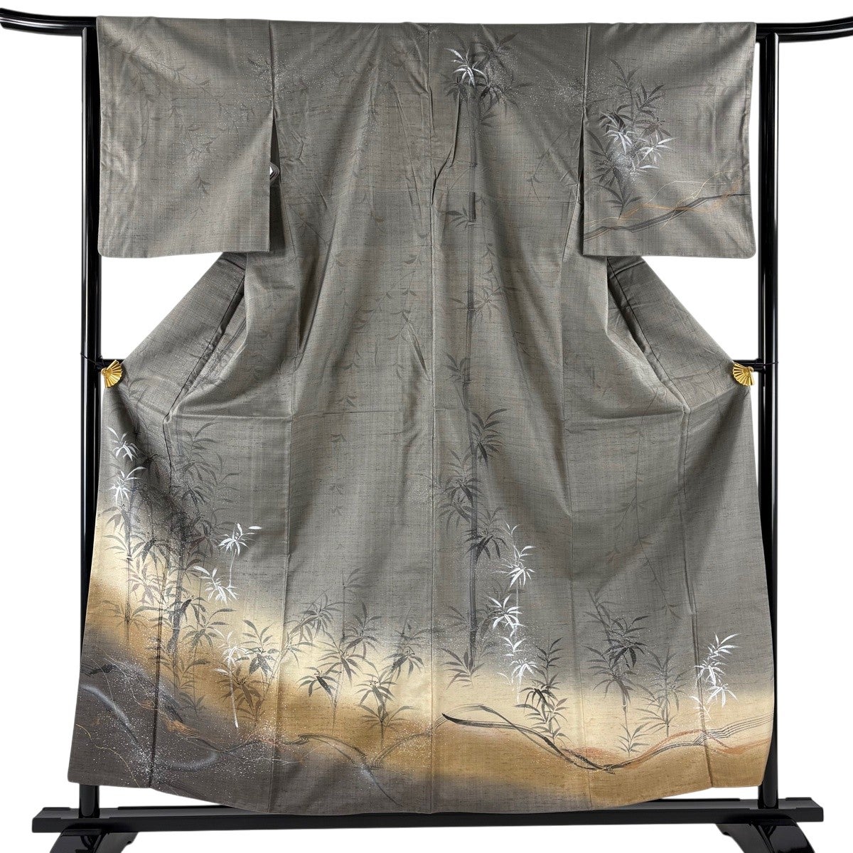 美品】 訪問着 身丈154cm 裄丈62cm S 袷 落款あり 草花 絞り 金銀彩 灰