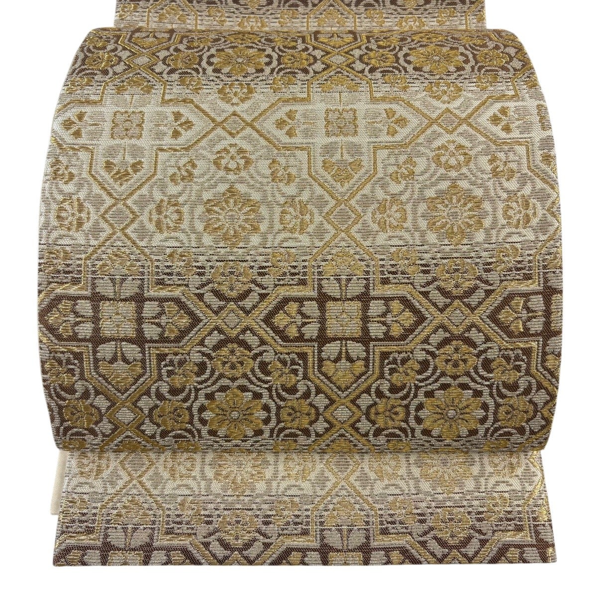 美品】 袋帯 名品 華文 段縞 金糸 茶色 六通 正絹｜中古・古着