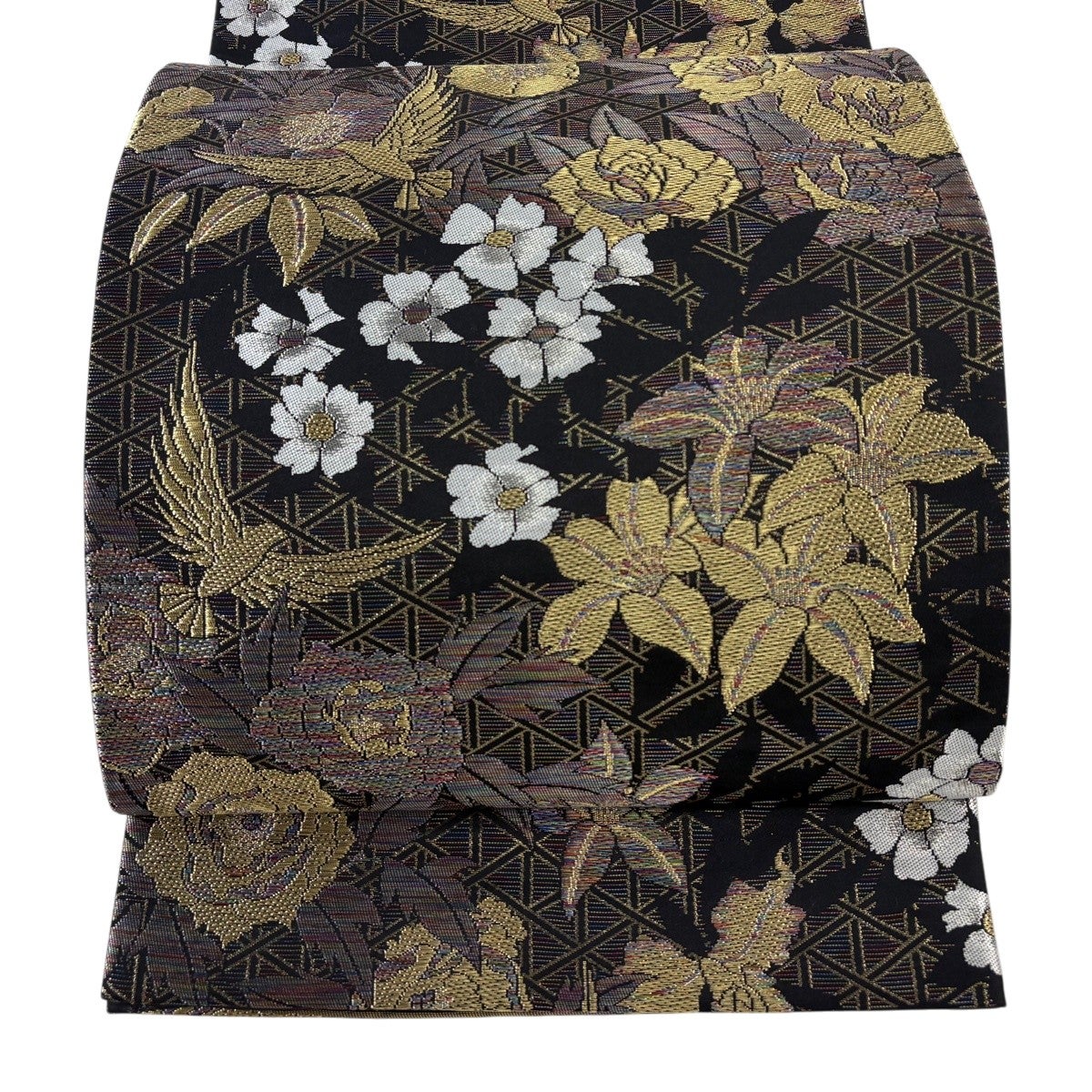 美品】 袋帯 名品 斉藤三才 落款あり 羅天金糸帯 鳥 草花 黒 六通 正絹
