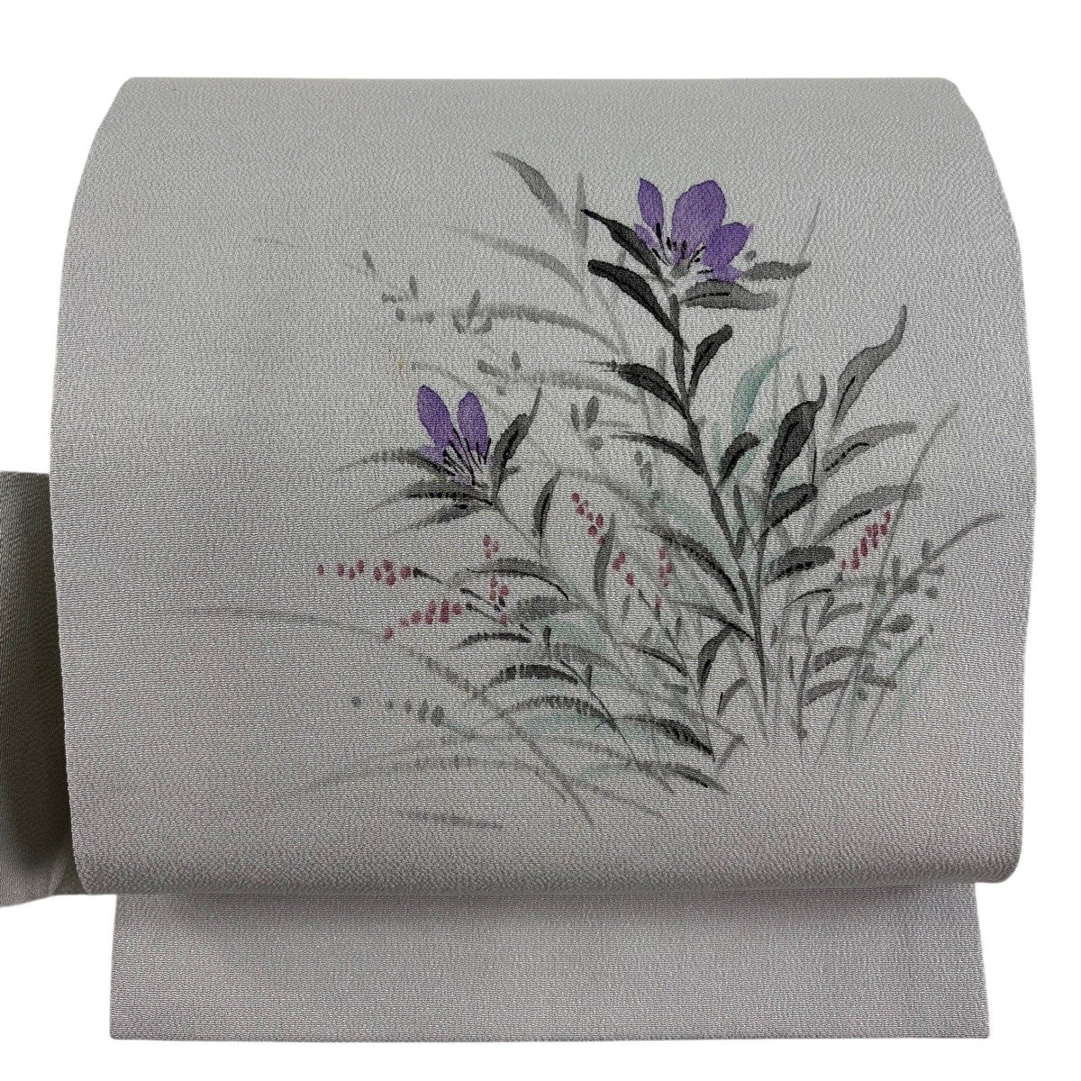 美品】 名古屋帯 秀品 紬地 草花 染め分け ぼかし 薄オレンジ 正絹