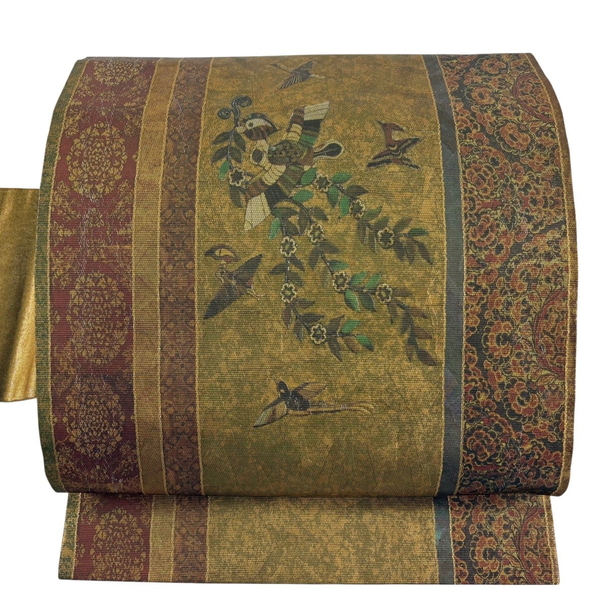 名古屋帯 秀品 花喰鳥 華文 箔 螺鈿箔 金茶 正絹｜中古・古着