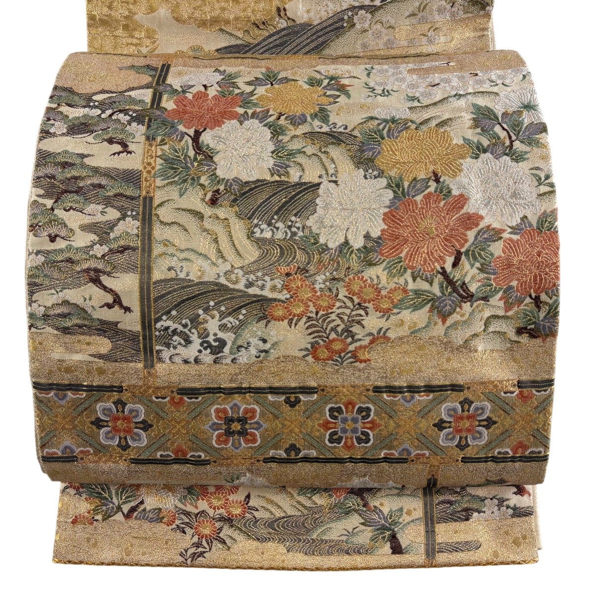 袋帯 秀品 草花 霞 金銀糸 綴れ ベージュ お太鼓柄 正絹｜中古・古着