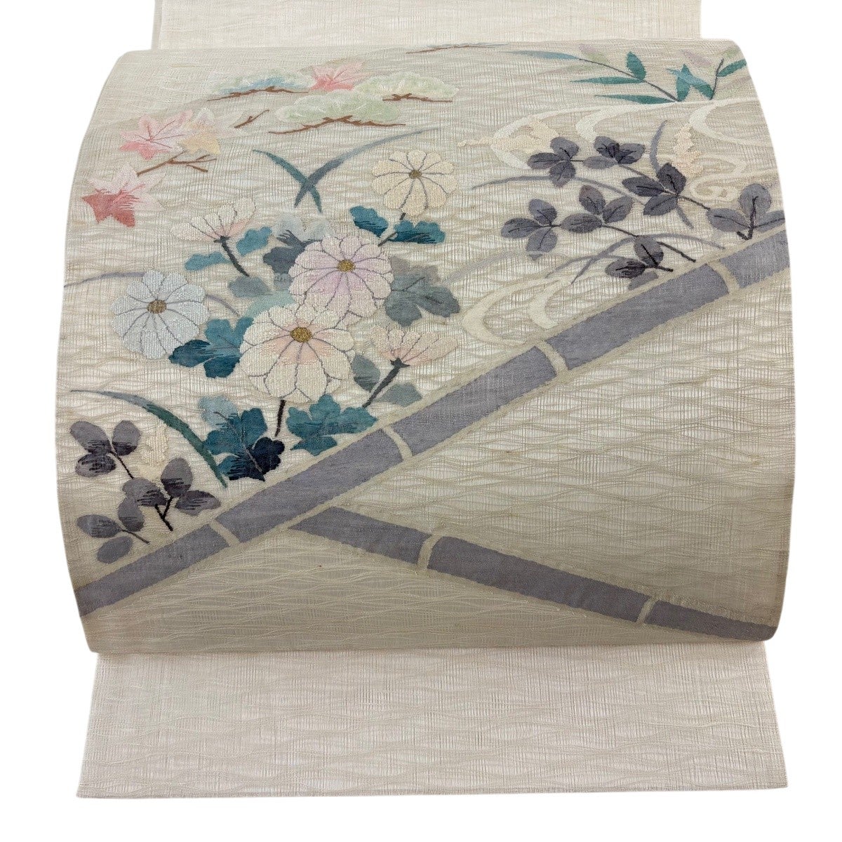 名古屋帯 秀品 夏帯 絽 八寸名古屋帯 椿 金銀糸 クリーム お太鼓柄