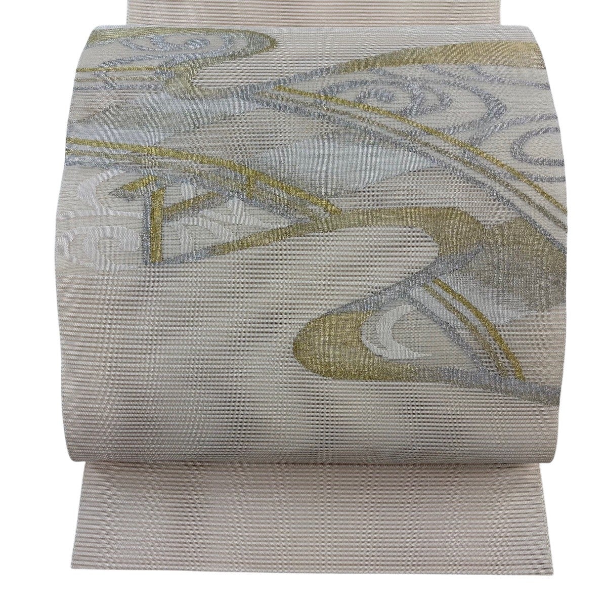 袋帯 秀品 夏帯 絽 草花 流水 金銀糸 灰色 お太鼓柄 正絹｜中古・古着