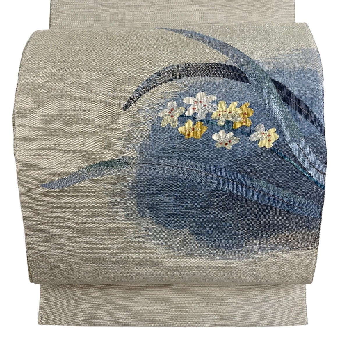 名古屋帯 秀品 八寸名古屋帯 松葉仕立て 蜀江華文 灰色 正絹｜中古