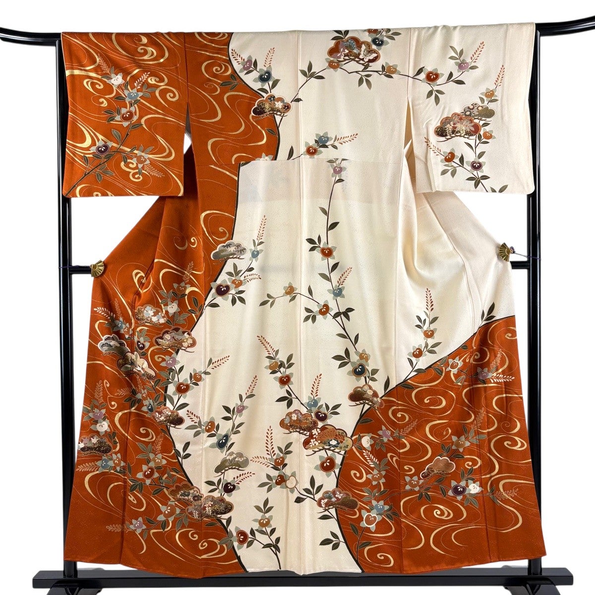 訪問着 身丈155cm 裄丈64.5cm M 袷 宝尽くし 松 金彩 赤茶 正絹 秀品