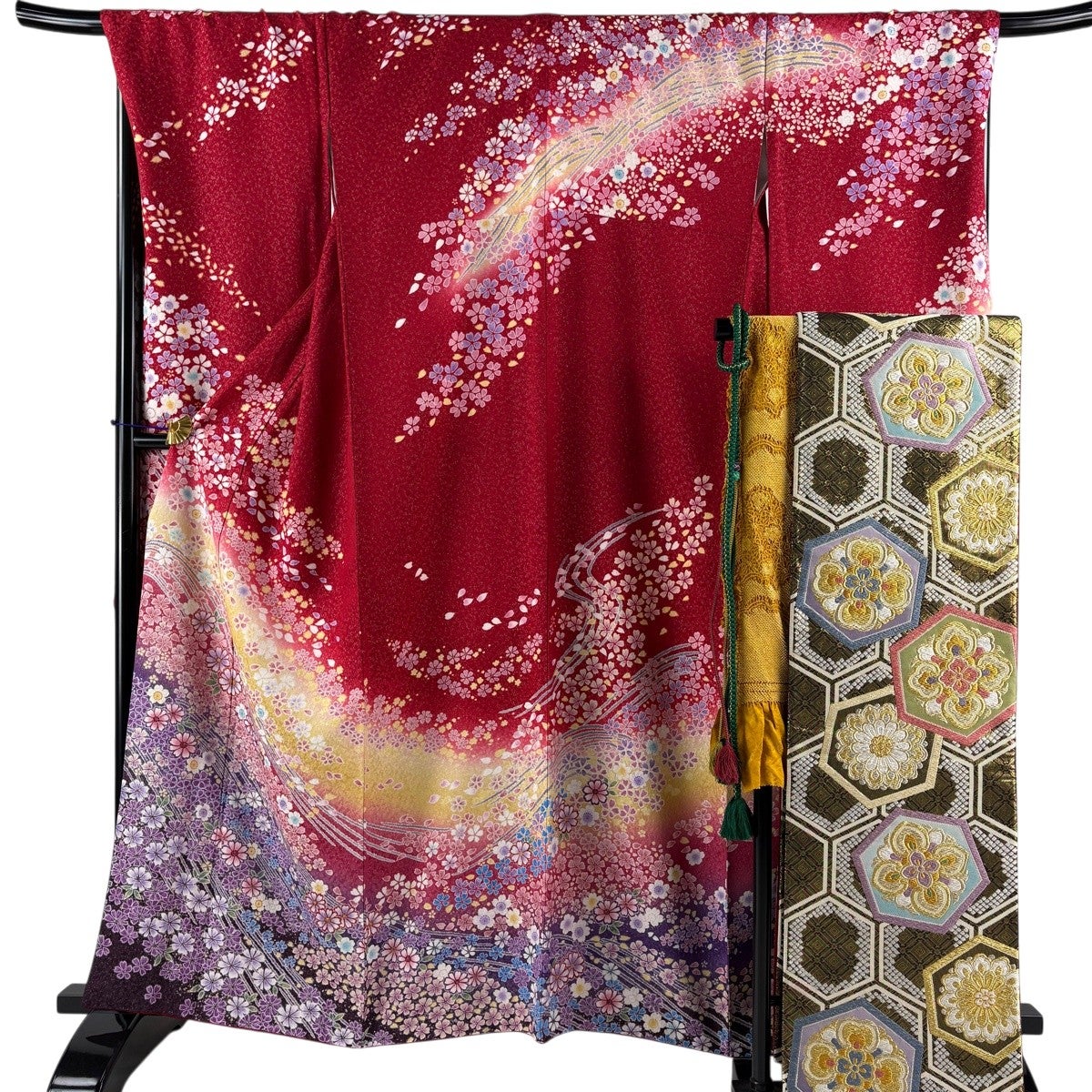 桜柄　振り袖　身丈160 正絹 美品】 振袖 身丈161cm 裄丈71cm L 袷 袋帯フルセット 桜 草花 銀通し