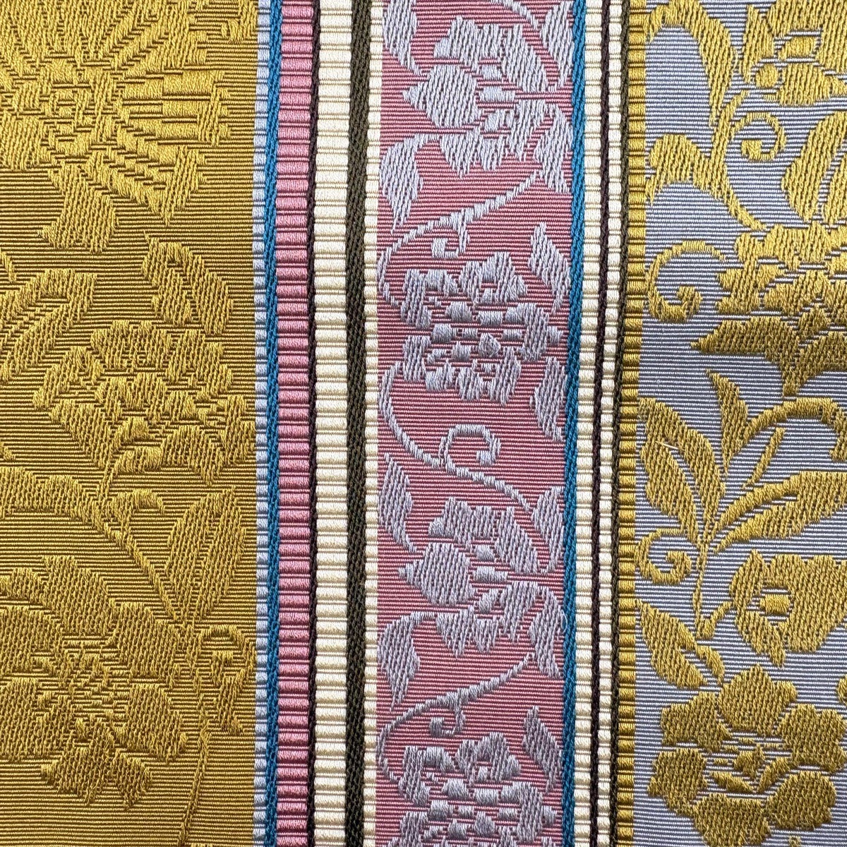 雨の日セール【美品・証紙付】大正ロマン、唐草・洋花文様のストライプ☆正絹 博多帯 美品】半幅帯 秀品 博多織 証紙有 花唐草 縞 山吹茶色 正絹｜中古