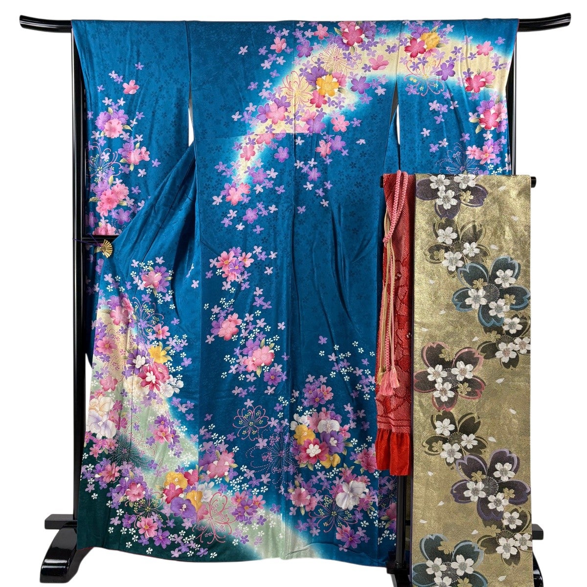 振袖 身丈166.5cm 裄丈67cm M 袷 袋帯フルセット 草花 桜 箔 金彩 青緑