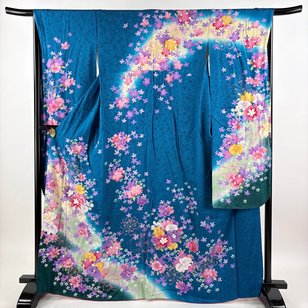 振袖 身丈166.5cm 裄丈67cm M 袷 袋帯フルセット 草花 桜 箔 金彩 青緑
