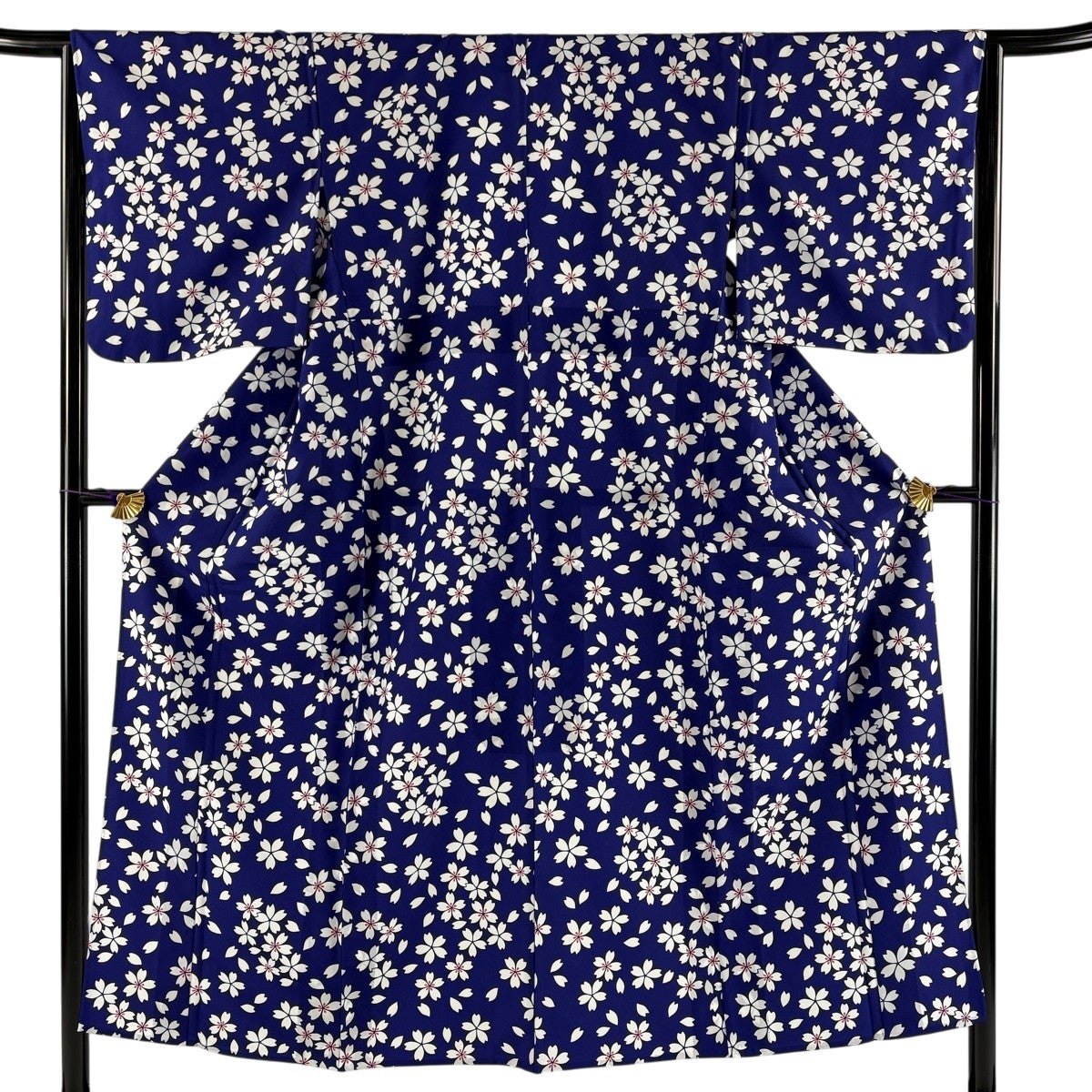 小紋 身丈151cm 裄丈65cm M 単衣 バチ衿 桜 紺色 化繊 優品｜中古
